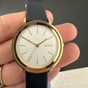 Skagen Gold and Navy Minimalist Leather Strap Watch